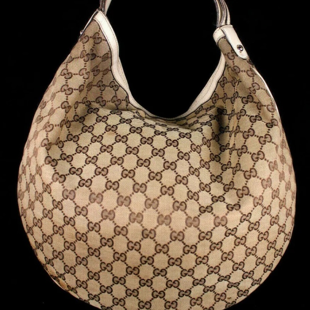 •Authentic•GUCCI Beige & Ebony Logo Canvas Ecru Leather WAVE Horsebit Hobo Bag